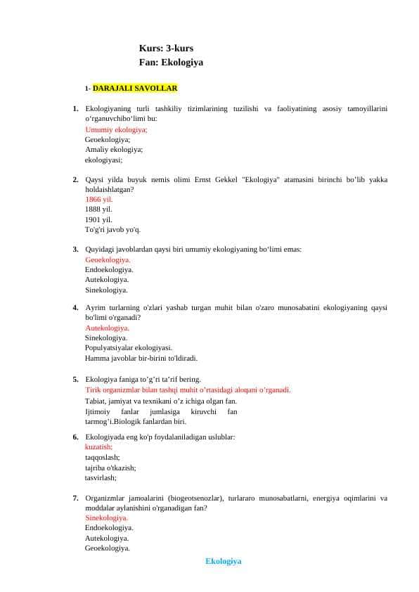 Ekologiya fanidan yakuniy baza testi 3-kurs TATU.