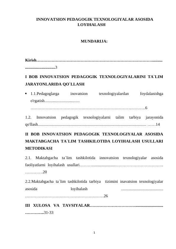 INNOVATSION PEDAGOGIK TEXNOLOGIYALAR ASOSIDA LOYIHALASH