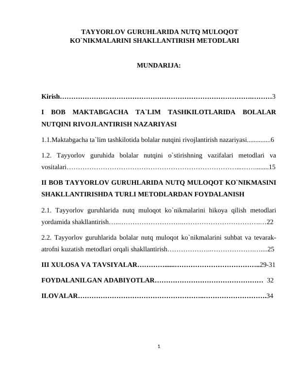 TAYYORLOV GURUHLARIDA NUTQ MULOQOT KO`NIKMALARINI SHAKLLANTIRISH METODLARI