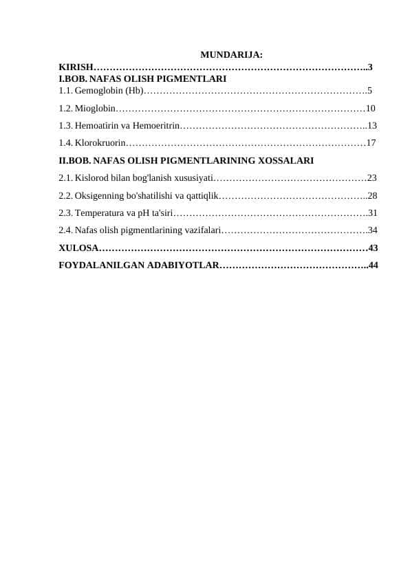 Nafas olish pigmentlari va ularni hossalar