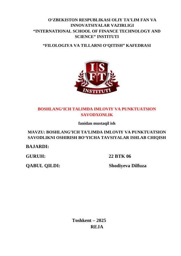 IMLOVIY JIHATDAN TAHLIL KOʻRINISHIDAGI YOZMA ISHLARNI BAJARISH