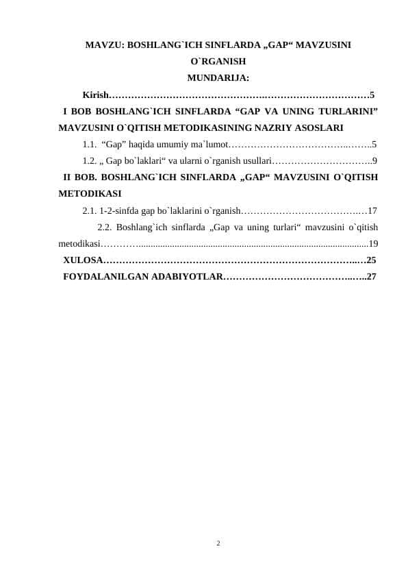 BOSHLANG`ICH SINFLARDA GAP MAVZUSINI O`RGANISH