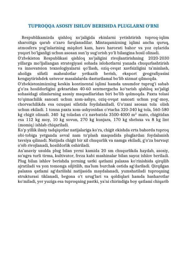 TUPROQQA ASOSIY ISHLOV BERISHDA PLUGLARNI O‘RNI