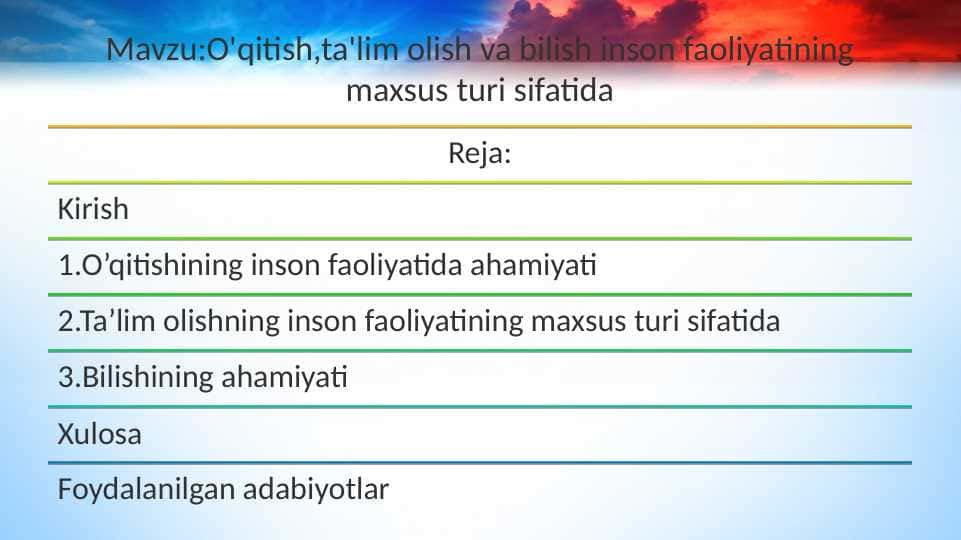 O'qitish,ta'lim olish va bilish inson faoliyatining maxsus turi sifatida