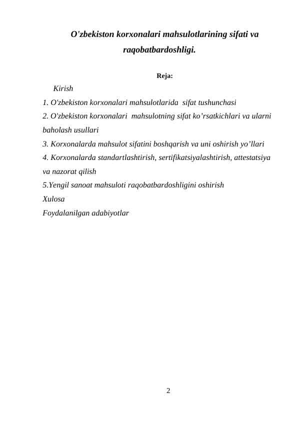 O'zbekiston korxonalari mahsulotlarining sifati va raqobatbardoshligi.