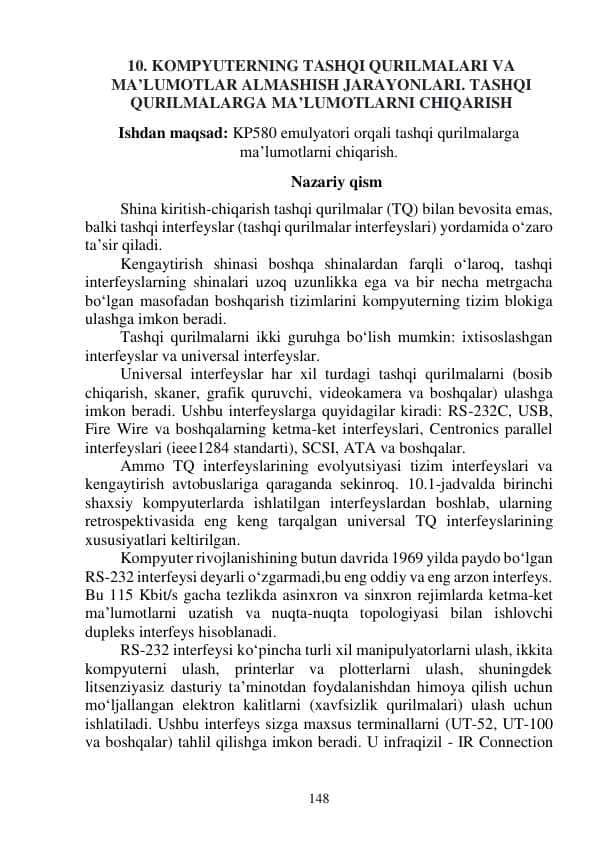 KOMPYUTERNING TASHQI QURILMALARI VA MA’LUMOTLAR ALMASHISH JARAYONLARI. TASHQI QURILMALARGA MA’LUMOTLARNI CHIQARISH