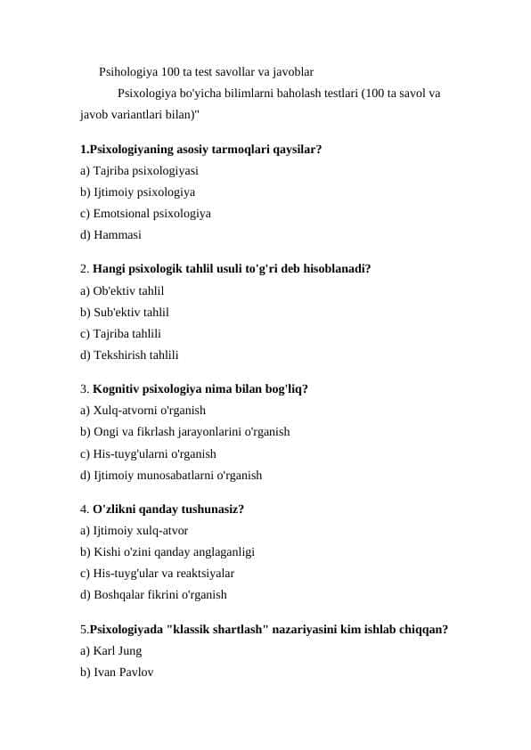 Psihologiya test 100 ta savollar va javoblar bilan