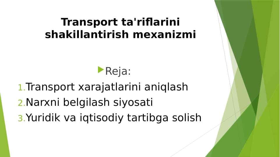 Transport ta'riflarini shakillantirish mexanizmi