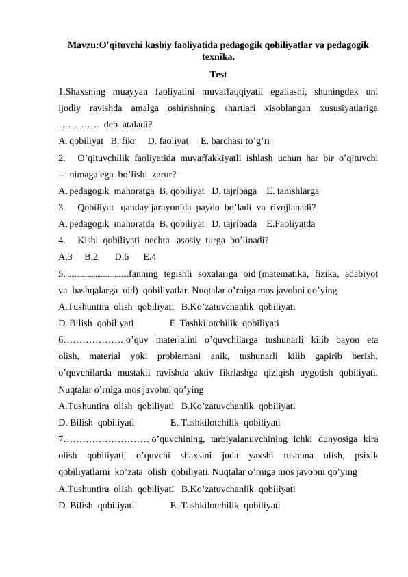 O'qituvchi kasbiy faoliyatida pedagogik qobiliyatlar va pedagogik texnika.
