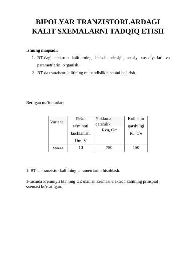 BIPOLYAR TRANZISTORLARDAGI KALIT SXEMALARNI TADQIQ ETISH
