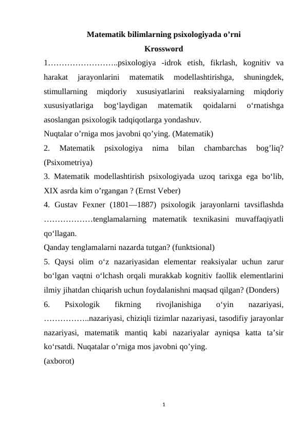 Matematik bilimlarning psixologiyada o’rni
