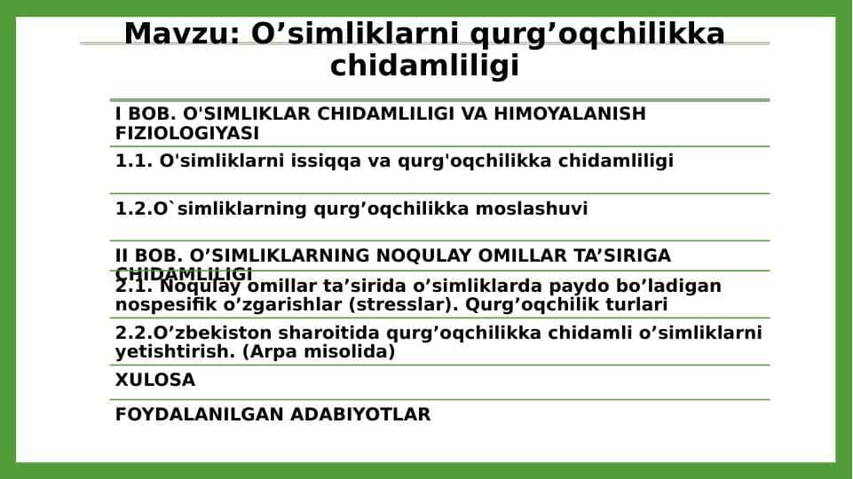 O’simliklarni qurg’oqchilikka chidamliligi