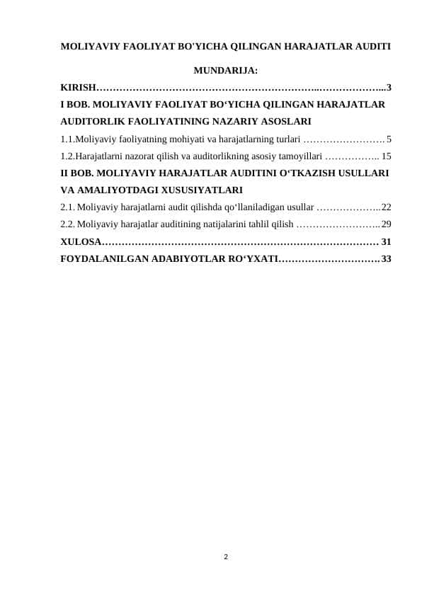 MOLIYAVIY FAOLIYAT BO'YICHA QILINGAN HARAJATLAR AUDITI