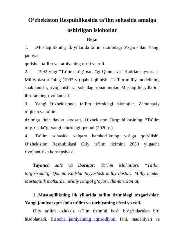 O‘zbekiston Respublikasida ta’lim sohasida amalga oshirilgan islohotlar