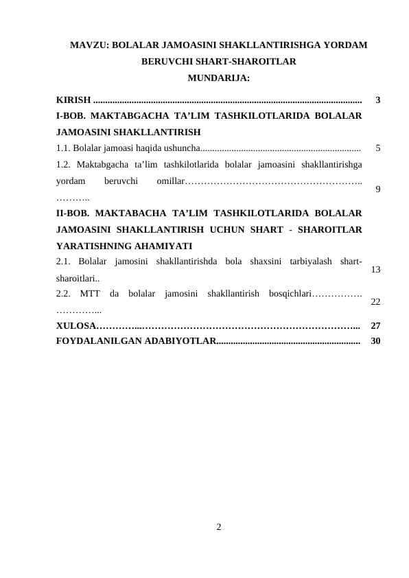 Bolalar jamoasini shakllantirishga yordam beruvchi shart-sharoitlar