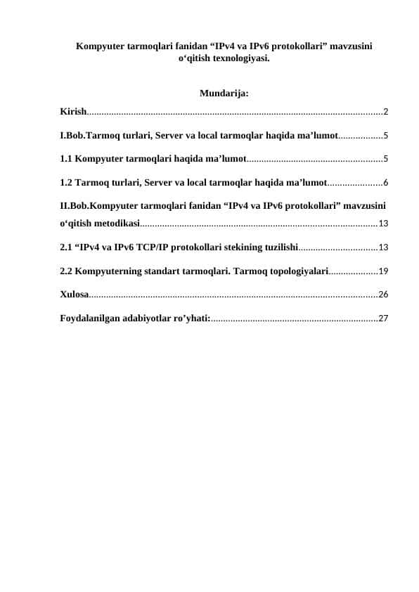 Kompyuter tarmoqlari fanidan “IPv4 va IPv6 protokollari” mavzusini o‘qitish texnologiyasi.