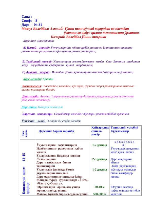 Voleybol dars ishlanma. 8-sinf. Волейбол дарс ишланма, 8-синф. Тўпни икки қўллаб юқоридан ва пастдан узатиш ва қабул қилиш техникасини ўргатиш.