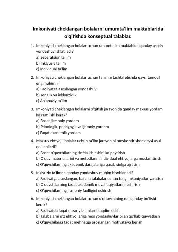 Imkoniyati cheklangan bolalarni umumta’lim maktablarida o‘qitishda konseptual talablar.