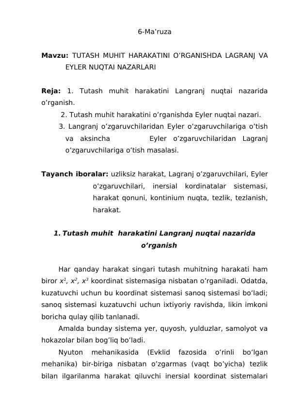 TUTASH MUHIT HARAKATINI O’RGANISHDA LAGRANJ VA EYLER NUQTAI NAZARLARI