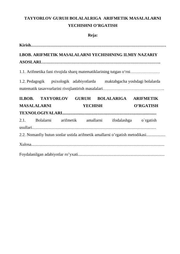 TAYYORLOV GURUH BOLALALRIGA ARIFMETIK MASALALARNI YECHISHNI O’RGATISH