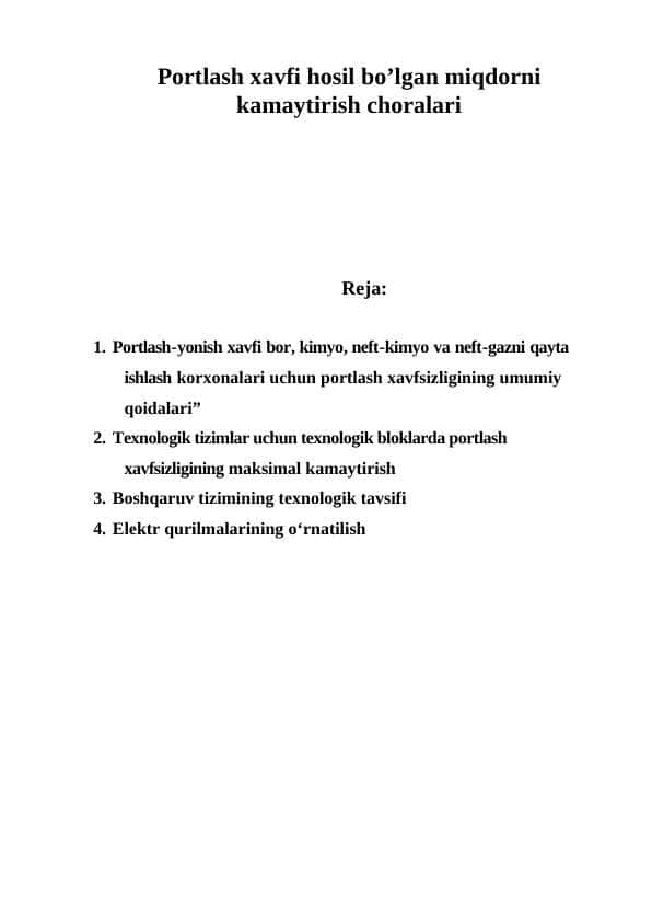 Portlash xavfi hosil bo’lgan miqdorni kamaytirish choralari