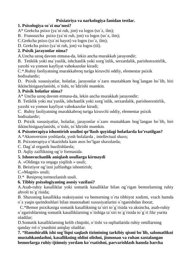 Psixiatriya va narkologiya fanidan testlar javoblari bilan