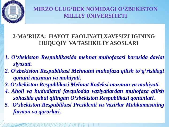 HAYOT FAOLIYATI XAVFSIZLIGINING HUQUQIY VA TASHKILIY ASOSLARI