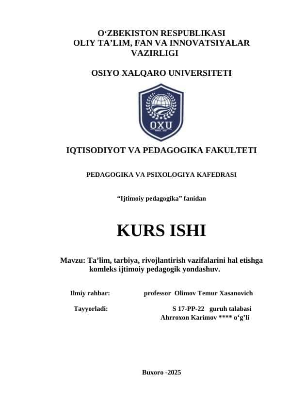Ta’lim, tarbiya, rivojlantirish vazifalarini hal etishga komleks ijtimoiy pedagogik yondashuv
