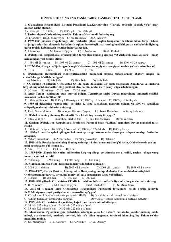 O’ZBEKISTONNING ENG YANGI TARIXI FANIDAN TESTLAR TO’PLAMI