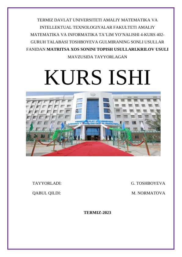 MATRITSA XOS SONINI TOPISH USULLARI.KRILOV USULI