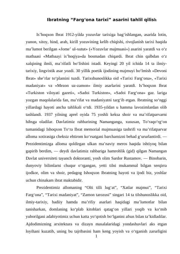 Ibratning “Farg‘ona tarixi” asarini tahlil qilish