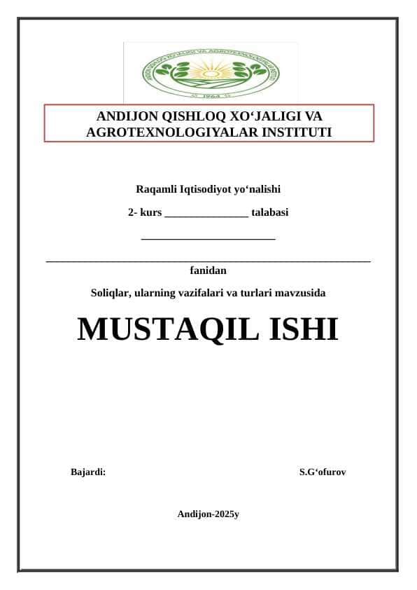 Soliqlar, ularning vazifalari va turlari