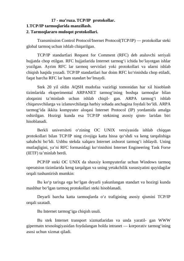 TCP/IP protokollar.