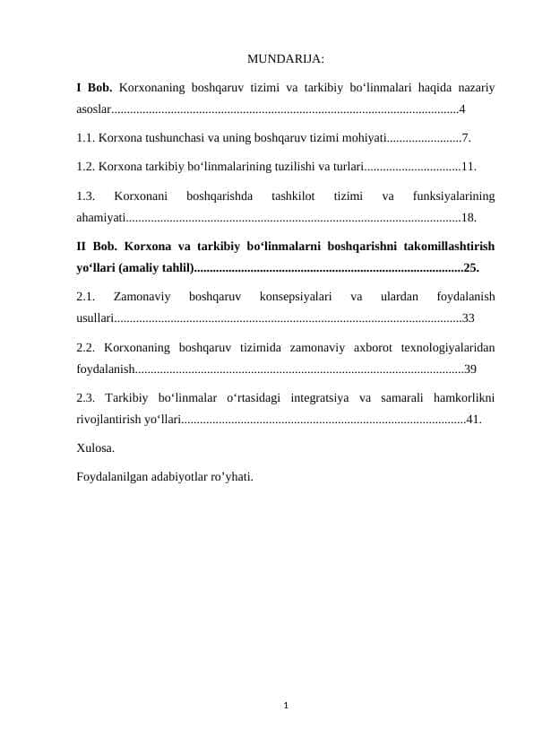 KORXONA VA UNING TARKIBIY BO’LINMALARINI BOSHQARISH.