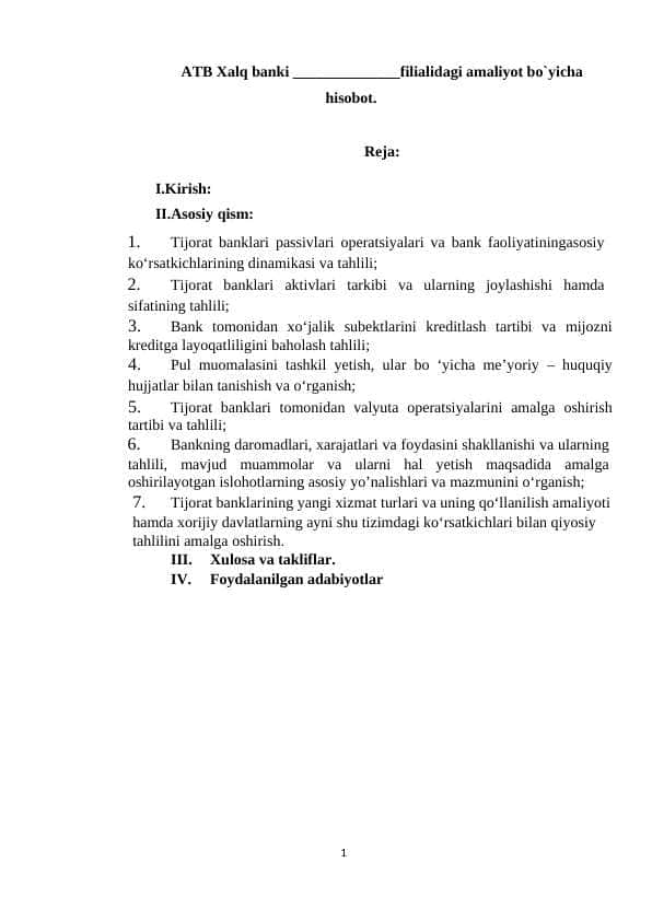 ATB Xalq banki filialidagi amaliyot bo`yicha hisobot.
