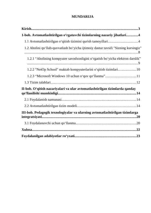 Avtomatlashtirilgan o‘rgatuvchi tizimlarni o‘qitish metodikasi.