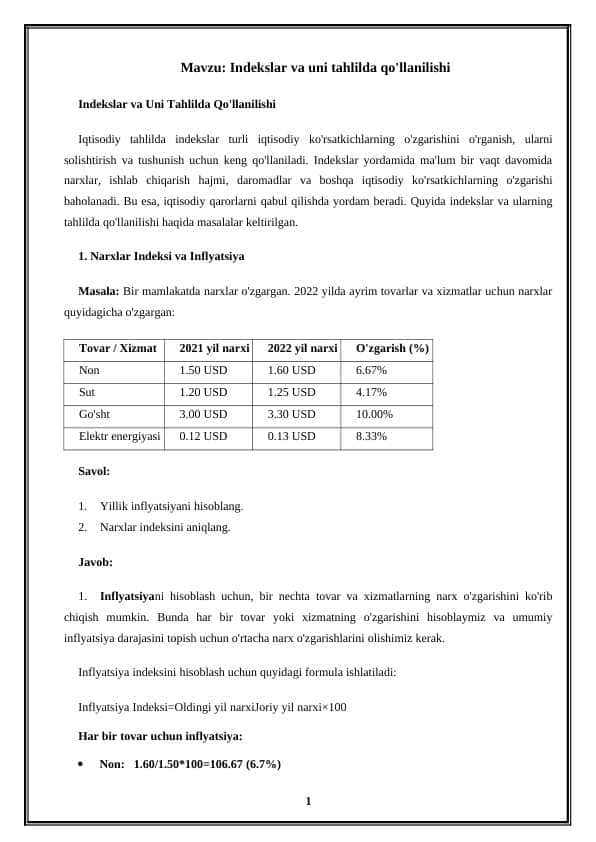 Indekslar va uni tahlilda qo'llanilishi