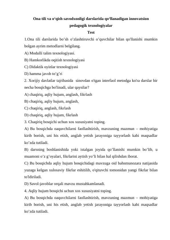 Ona tili va oʻqish savodxonligi darslarida qoʻllanadigan innovatsion pedagogik texnologiyalar