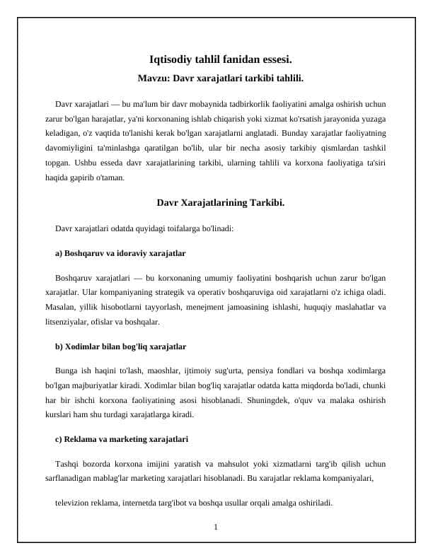 Davr xarajatlari tarkibi tahlili.