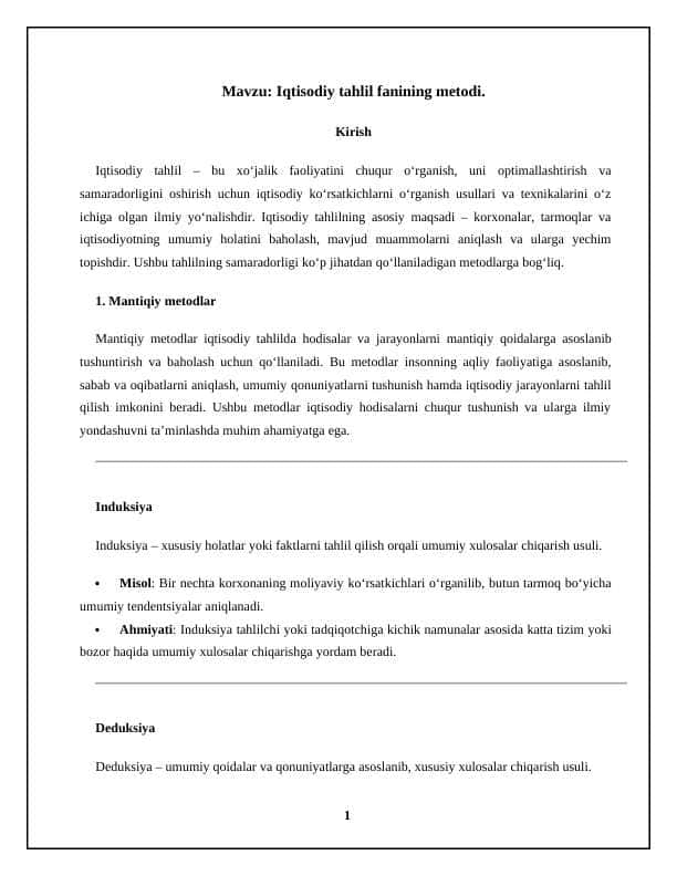 Iqtisodiy tahlil fanining metodi