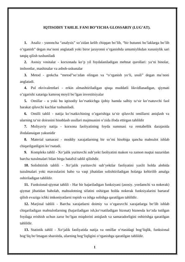 Iqtisodiy tahlil fani bo‘yicha.
