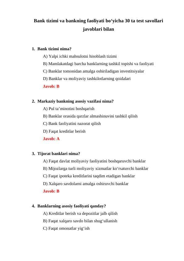 Bank tizimi va bankning faoliyati boʻyicha 30 ta test savollari javoblari bilan