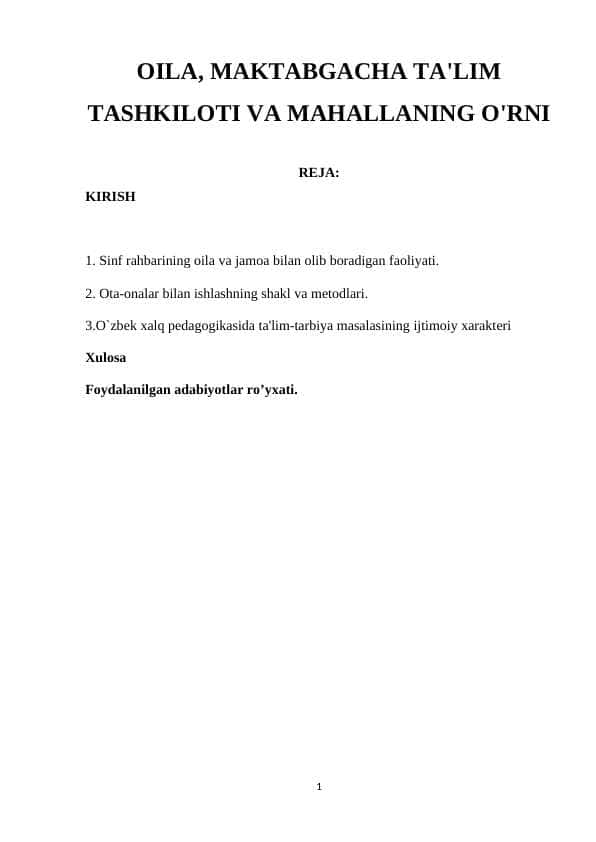 Oila, maktabgacha ta'lim tashkiloti va mahallaning o'rni