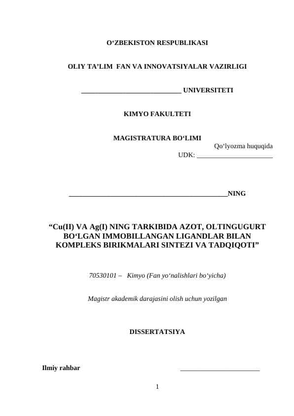 Cu(II) VA Ag(I) NING TARKIBIDA AZOT, OLTINGUGURT BO‘LGAN IMMOBILLANGAN LIGANDLAR BILAN KOMPLEKS BIRIKMALARI SINTEZI VA TADQIQOTI