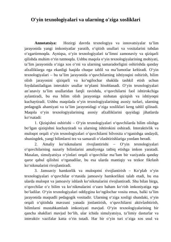 O'yin texnologiyalari va ularning o'ziga xosliklari
