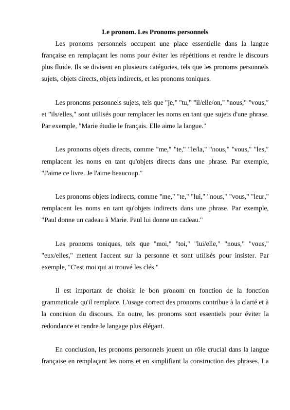Le pronom. Les Pronoms personnels