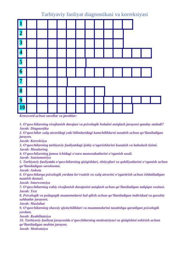 Tarbiyaviy faoliyat diagnostikasi va korreksiyasi FANIIDAN KROSSWORD