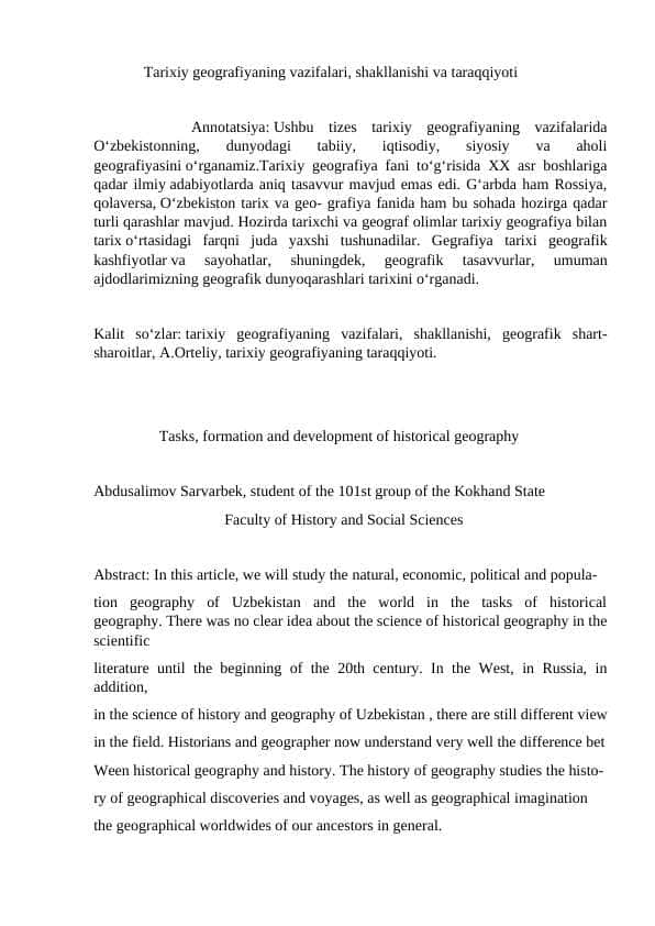 Tarixiy geografiyaning vazifalari, shakllanishi va taraqqiyoti