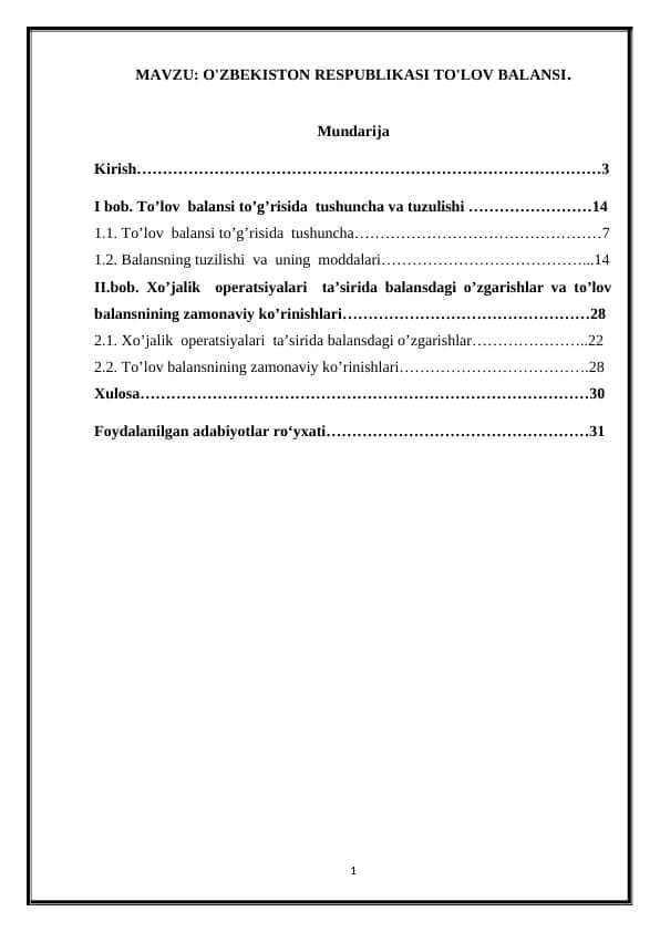 O'zbekiston Respublikasi to'lov balansi.