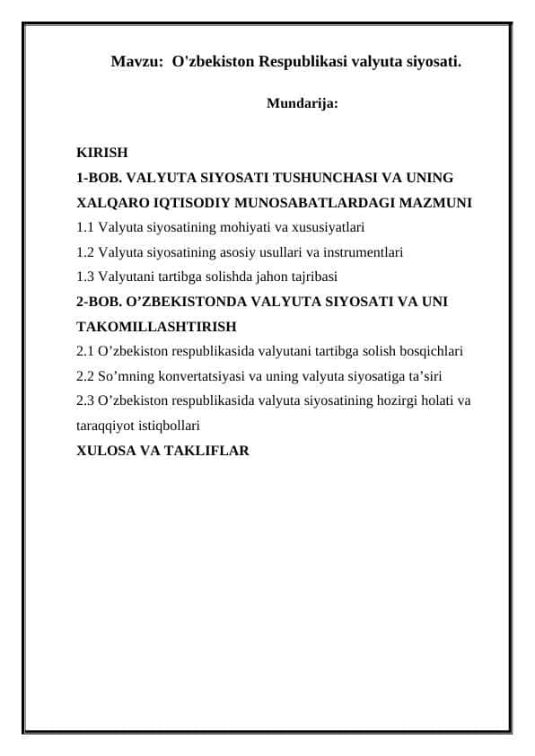 O'zbekiston Respublikasi valyuta siyosati.